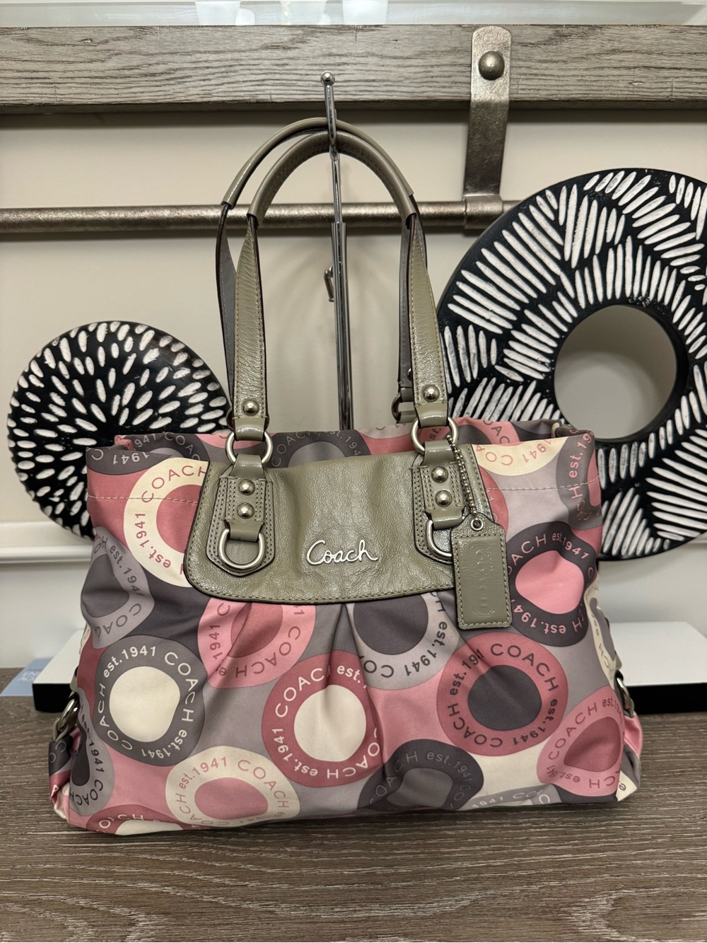 Coach Ashley Gray and Pink Signature Circle Shoulder Bag